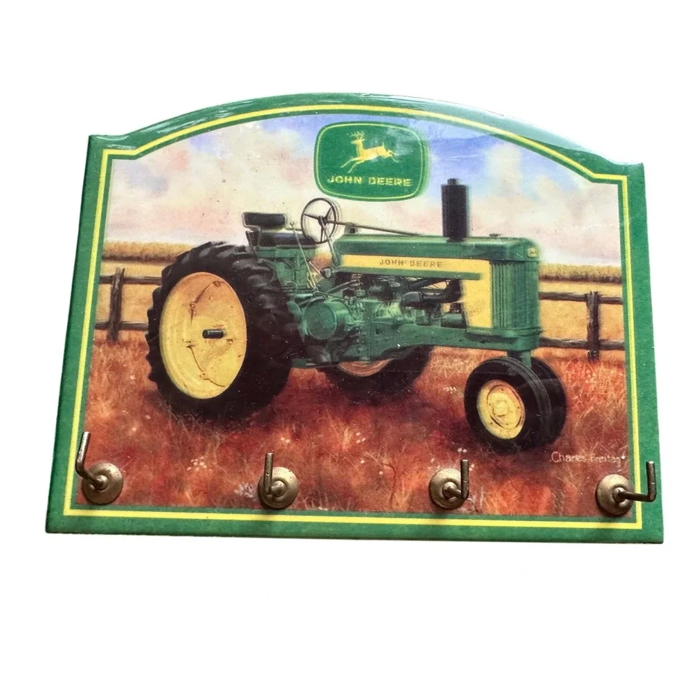 John Deere Vintage Tractor Key Rack Wall Plaque Charles Freitag Art 4 Hooks